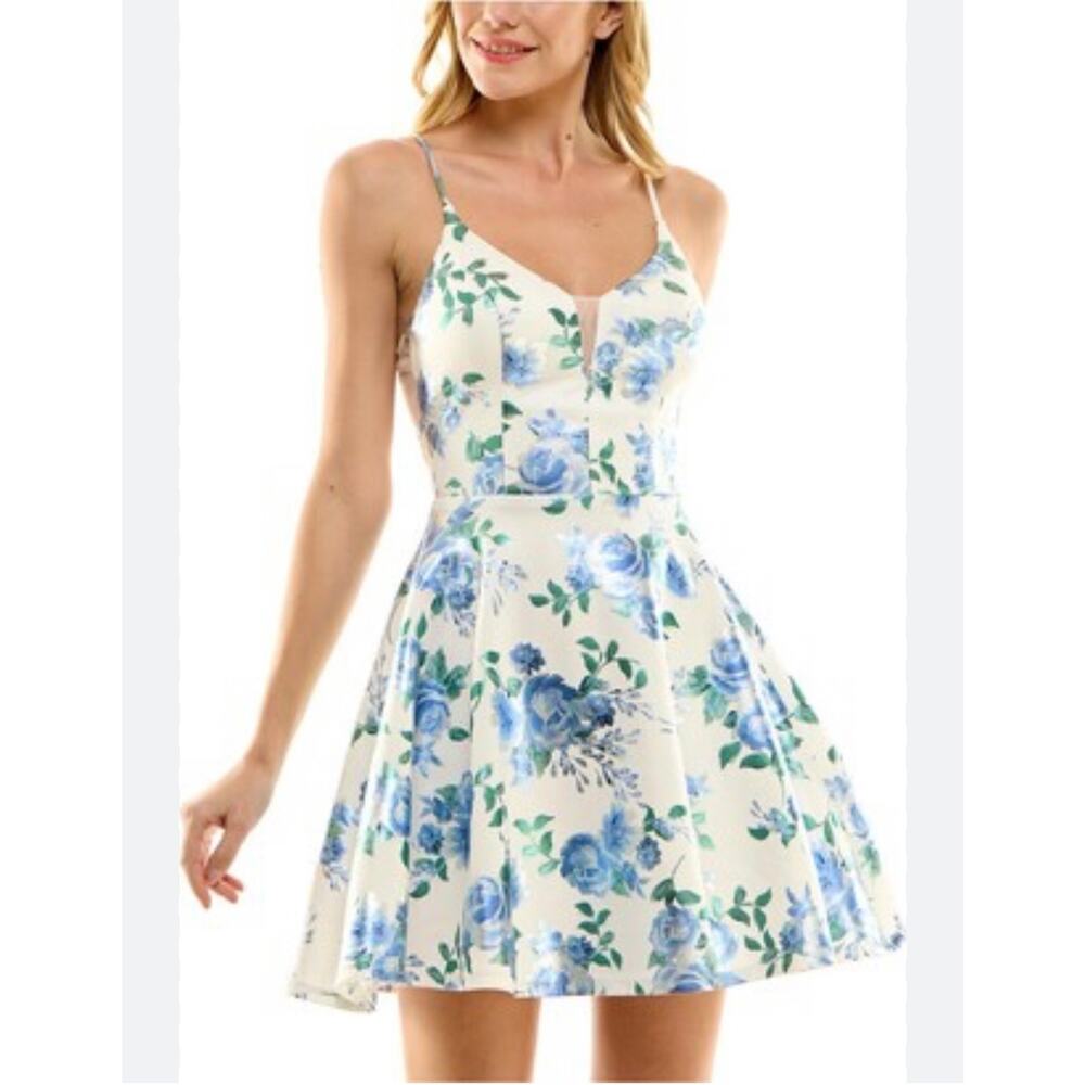 City Studio Floral-Metallic Print Mesh-Insert Skater Dress